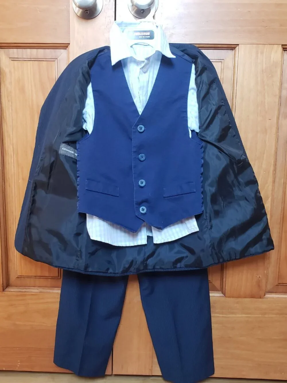 Geoffrey Beane Navy Blue Pinstripe Boys Suit Sz 6 Wedding Formal Party Vest